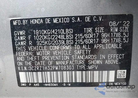 2023 Honda Hr-V 2Wd Lx z USA, uszkodzony, nr VIN 3CZRZ1H32PM708303
